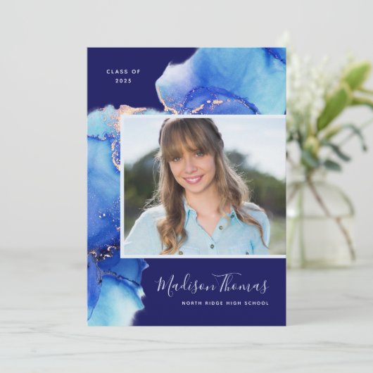 Navy Blue Waterverf Photo Graduparty Kaart (Staand voorkant)