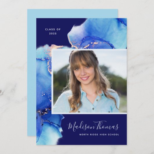 Navy Blue Waterverf Photo Graduparty Kaart (Voorkant / Achterkant)