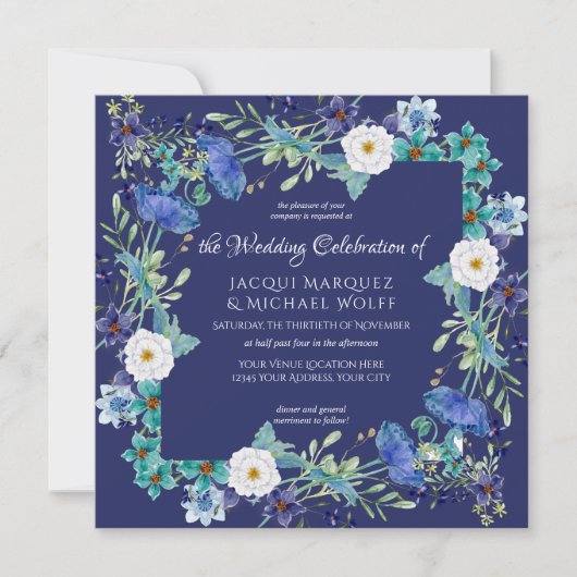 Navy Blue Waterverf Poppy Flower Floral Wedding Kaart (Voorkant)