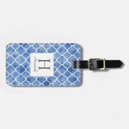 Navy Blue Waterverf Quatrefoil Pattern Monogram Bagagelabel