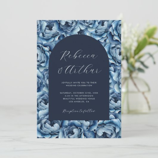 Navy Blue Waterverf Roos Bloemen Foto Bruiloft Kaart (Staand voorkant)