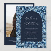 Navy Blue Waterverf Roos Bloemen Foto Bruiloft Kaart (Voorkant / Achterkant)