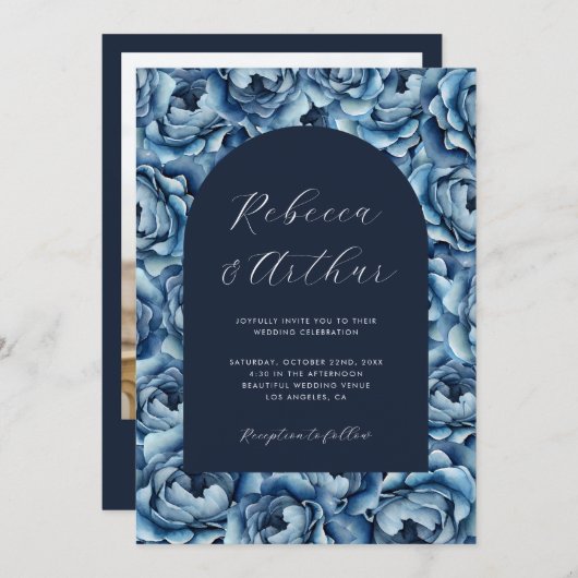 Navy Blue Waterverf Roos Bloemen Foto Bruiloft Kaart (Voorkant / Achterkant)