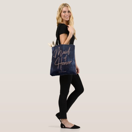 Navy Blue Waterverf & Roos Gold Maid of Honor Tote Bag (Op model)