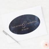 Navy Blue Waterverf & Roos Gold Monogram Weddensch Ovale Sticker (Envelop)