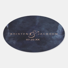 Navy Blue Waterverf & Roos Gold Monogram Weddensch Ovale Sticker