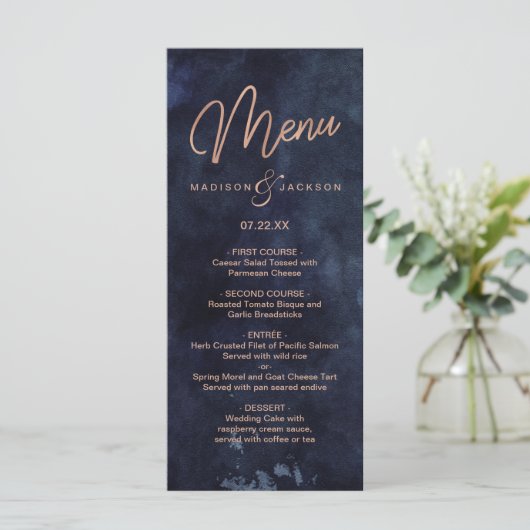 Navy Blue Waterverf & Roos Gold Wedding Menu (Staand voorkant)