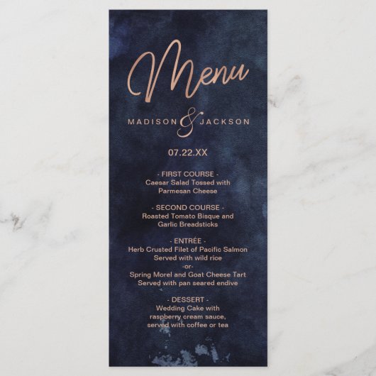 Navy Blue Waterverf & Roos Gold Wedding Menu (Voorkant)
