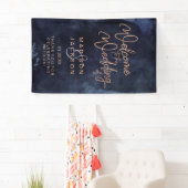Navy Blue Waterverf & Roos Gold Wedding Welkom Spandoek (Insitu)
