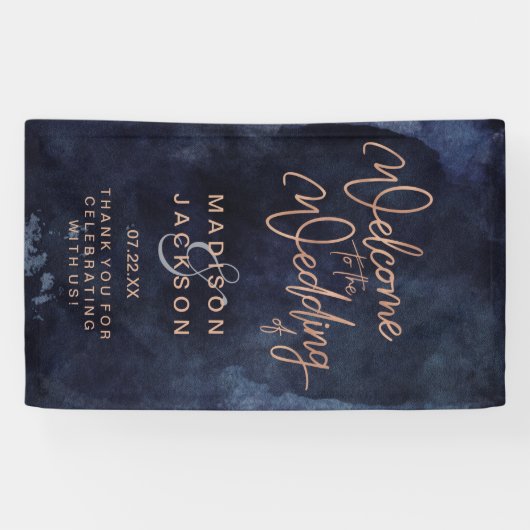 Navy Blue Waterverf & Roos Gold Wedding Welkom Spandoek (Horizontaal)