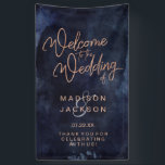Navy Blue Waterverf & Roos Gold Wedding Welkom Spandoek<br><div class="desc">Navy Blue Waterverf & Roos Gold Faux Folie die perfect is voor Herfst of Winter Wedding Welcome Banner Sign met trendy Hand Lettered Script font! ~ Bekijk mijn winkel het hele bruiloft collectie met dit ontwerp!</div>