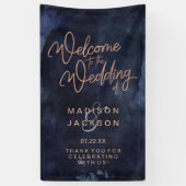 Navy Blue Waterverf & Roos Gold Wedding Welkom Spandoek (Verticaal)