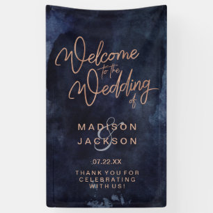 Navy Blue Waterverf & Roos Gold Wedding Welkom Spandoek