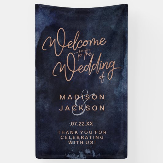 Navy Blue Waterverf & Roos Gold Wedding Welkom Spandoek (Verticaal)