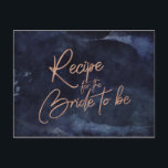Navy Blue Waterverf Roos gouden bruids recept Kaar Briefkaart<br><div class="desc">Navy Blue Waterverf & Roos Gold Faux Folie Lettering Perfect voor Herfst of Winter Wedding Bride Recipe Kaarten Met trendy Hand Lettered Script lettertype! ~ Controleer mijn winkel om het hele bruiloft collectie te zien met dit ontwerp!</div>