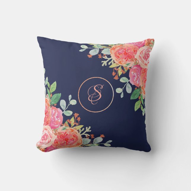 Navy Blue Waterverf Rozen Floral Glitter Monogram Kussen (Voorkant)