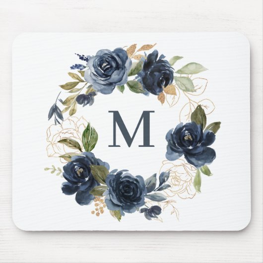 Navy Blue Waterverf Rozen Floral Wreatmonogram Muismat (Voorkant)