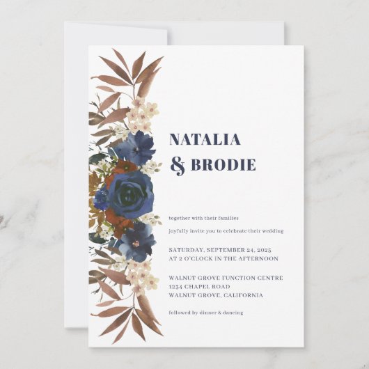 Navy Blue Waterverf Rozen Weddenschap Kaart (Voorkant)