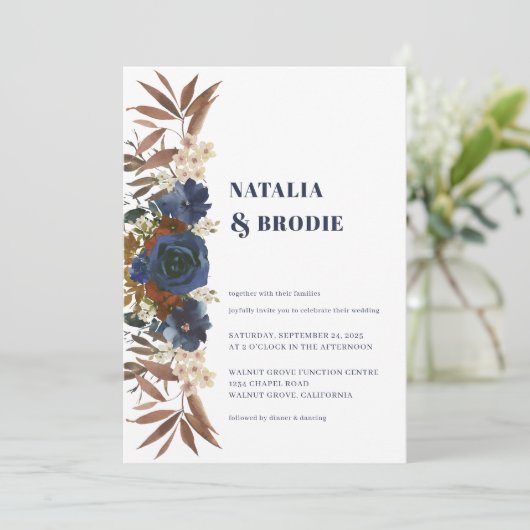 Navy Blue Waterverf Rozen Weddenschap Kaart (Staand voorkant)