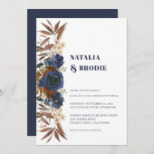 Navy Blue Waterverf Rozen Weddenschap Kaart (Voorkant / Achterkant)