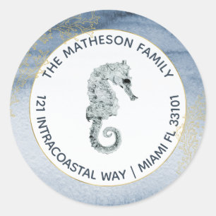 Navy Blue Waterverf Seahorse Coastal Adres Ronde Sticker