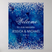 Navy Blue Waterverf Silver Glitter Wedding Poster (Voorkant)