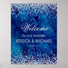 Navy Blue Waterverf Silver Glitter Wedding Poster