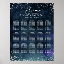 Navy Blue Waterverf Silver Wedding Seating Chart Poster