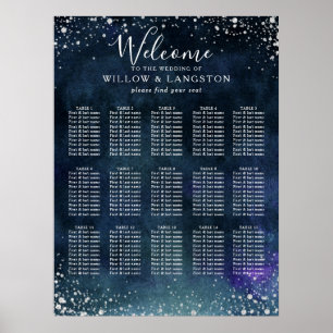 Navy Blue Waterverf Silver Wedding Seating Chart Poster