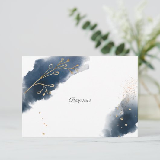 Navy Blue Waterverf Splashes Gold Spletters RSVP Kaartje (Staand voorkant)