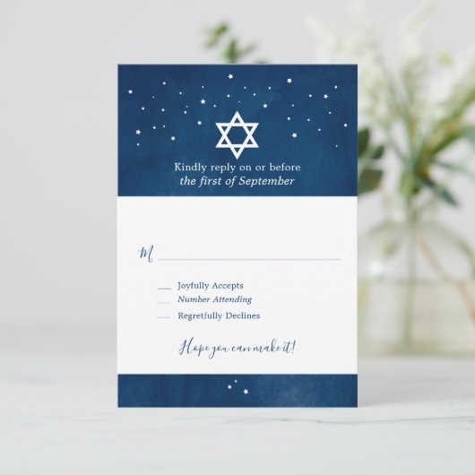 Navy Blue Waterverf Sterrennacht Bar Mitzvah RSVP (Staand voorkant)