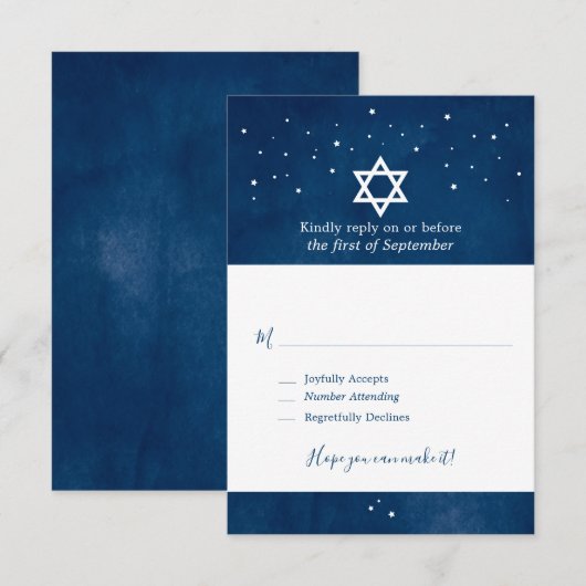 Navy Blue Waterverf Sterrennacht Bar Mitzvah RSVP (Voorkant / Achterkant)
