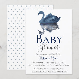 Navy Blue Waterverf Swan Baby shower Invitation Kaart