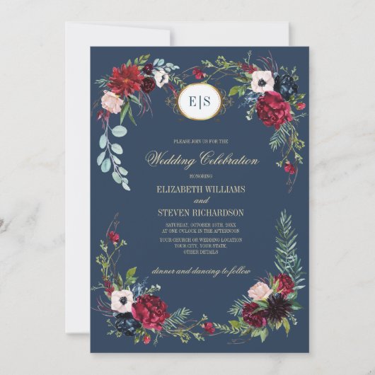 Navy blue | Waterverf tussen Bourgogne Floral en b Kaart (Voorkant)