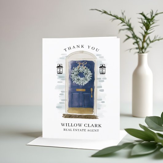 Navy Blue Waterverf voordeur & weelderige dank Bedankkaart