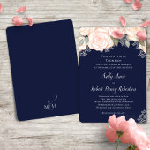 Navy Blue Waterverf Wedding Blush Bloemen Kaart