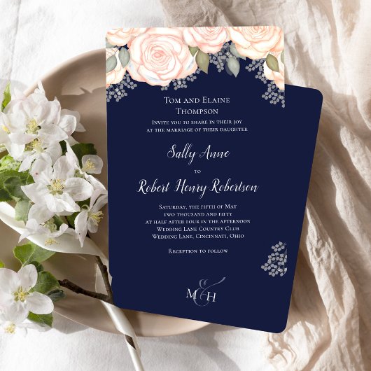 Navy Blue Waterverf Wedding Blush Bloemen Kaart