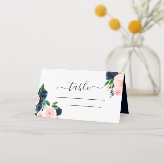Navy Blue Waterverf Wedding Floral Place Card Plaatskaartje (Voorkant)