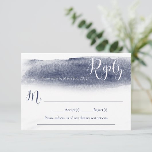 Navy Blue Waterverf Wedding Reply Kaart (Staand voorkant)