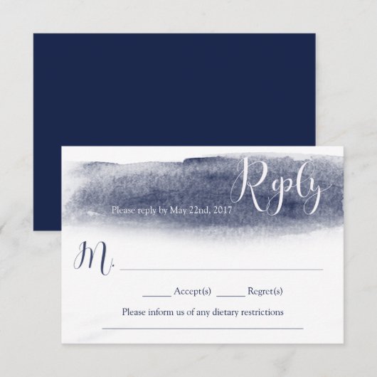 Navy Blue Waterverf Wedding Reply Kaart (Voorkant / Achterkant)