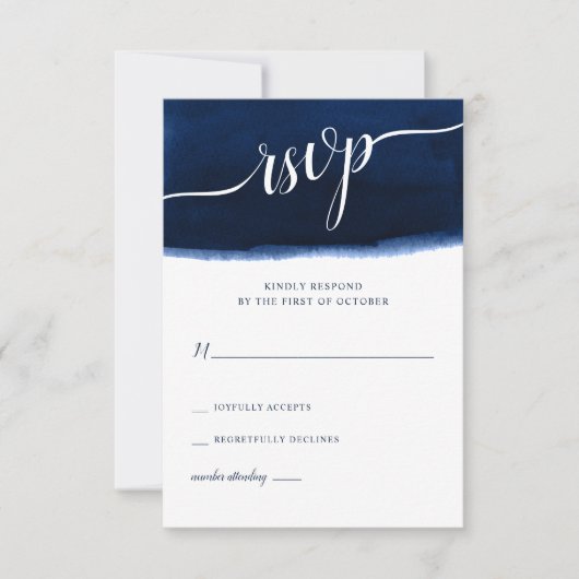 Navy Blue Waterverf Wedding RSVP Kaartje (Voorkant)