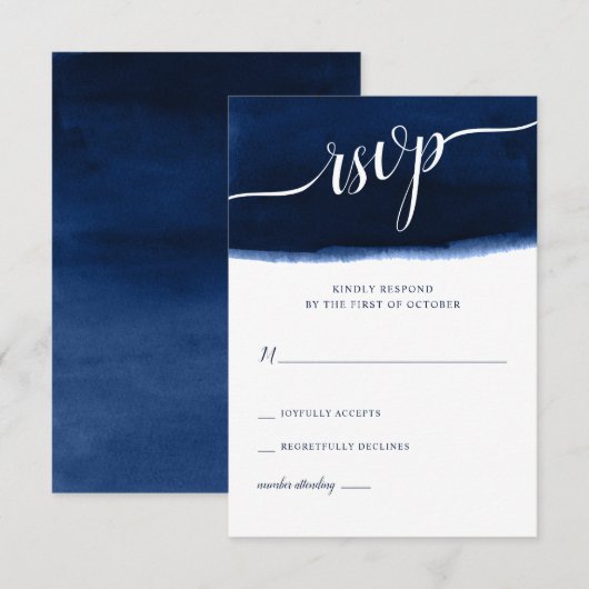 Navy Blue Waterverf Wedding RSVP Kaartje (Voorkant / Achterkant)