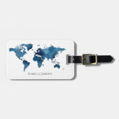 Navy Blue Waterverf Wereldkaart gepersonaliseerd Bagagelabel (Voorkant horizontaal)
