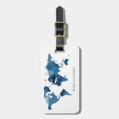 Navy Blue Waterverf Wereldkaart gepersonaliseerd Bagagelabel (Voorkant verticaal)