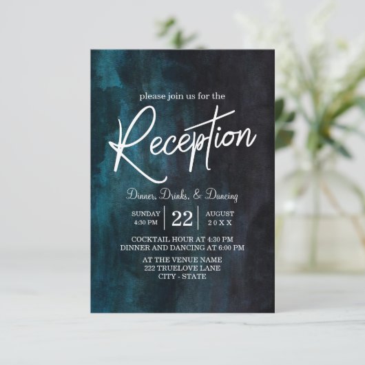 Navy Blue Waterverf & White Wedding Reception Kaart (Staand voorkant)