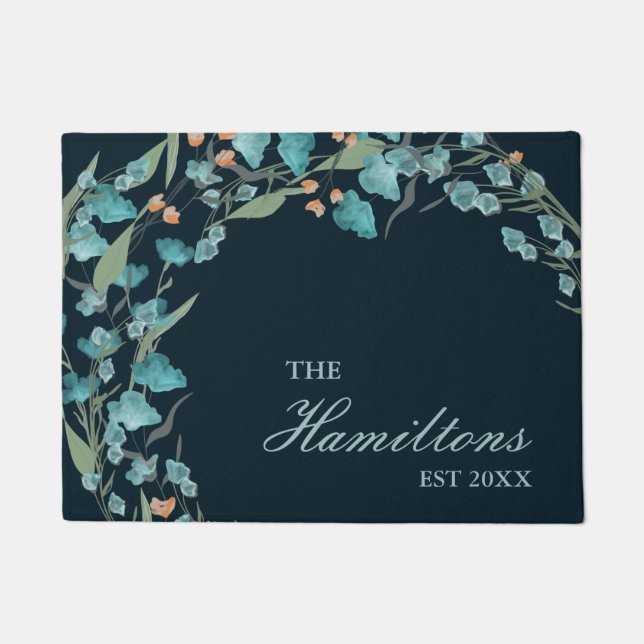 Navy Blue Waterverf Wilde bloem gevestigd Deurmat (Voorkant)