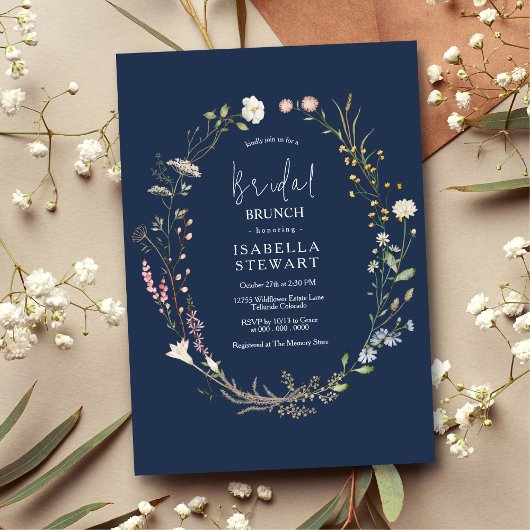 Navy Blue Waterverf Wildflower Bridal Brunch Kaart