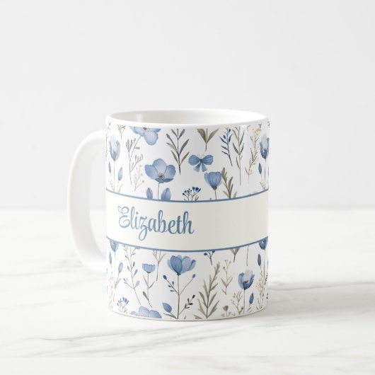 Navy Blue Waterverf Wildflower Poppy Script Naam Koffiemok (Voorkant links)