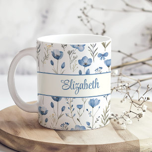 Navy Blue Waterverf Wildflower Poppy Script Naam Koffiemok