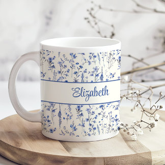 Navy Blue Waterverf Wildflower Script naam Koffiemok